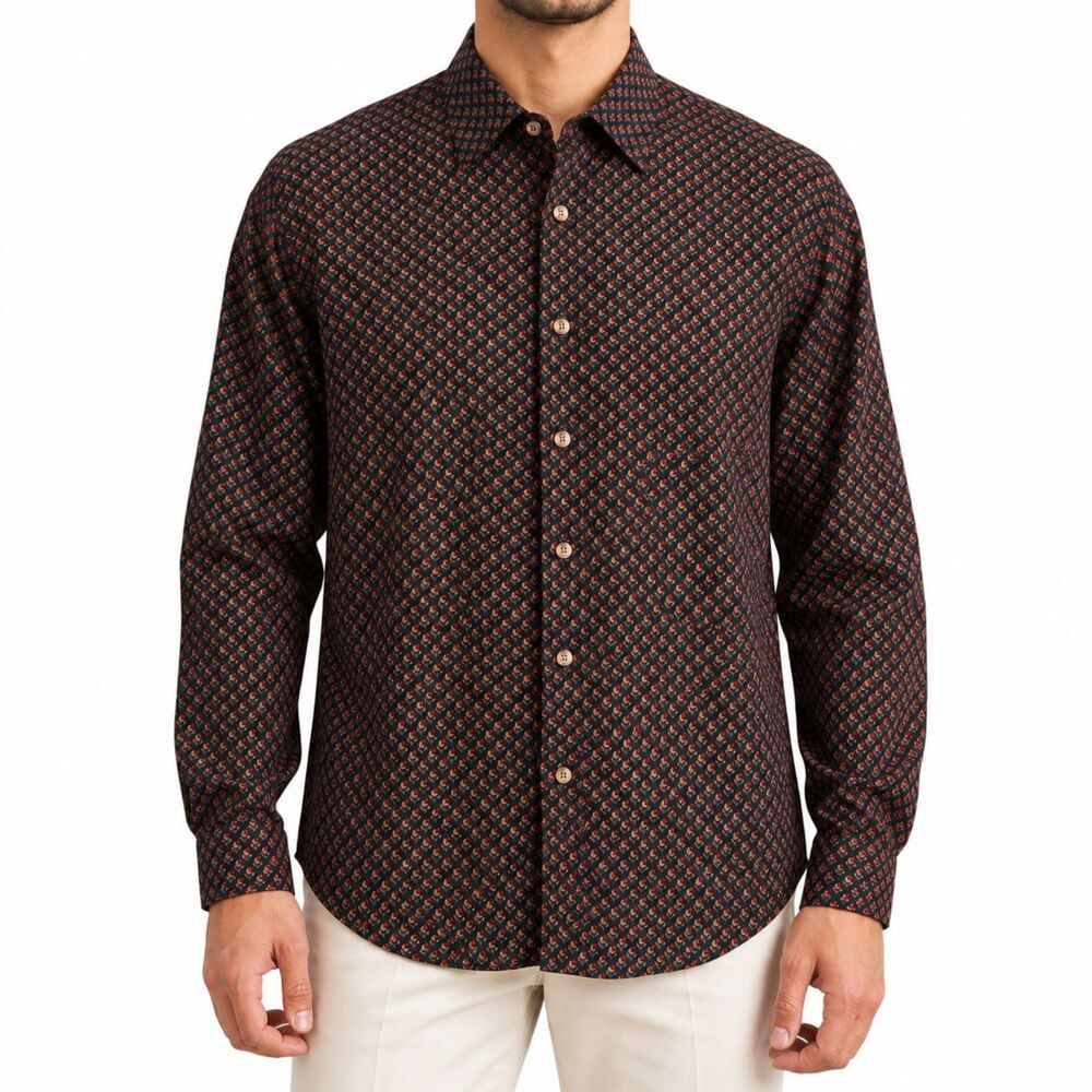 Mens Large Black Red Geometric 100% Wool Long Sleeve Button Up Dress Shirt NWT
